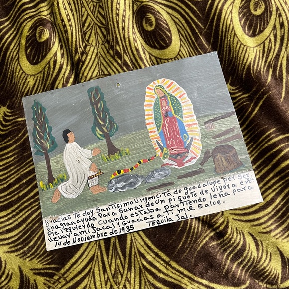 Vintage Other - Vintage Mexican Folk Art Retablo Ex-Voto Virgin Mary Snake Bite Prayer on Tin